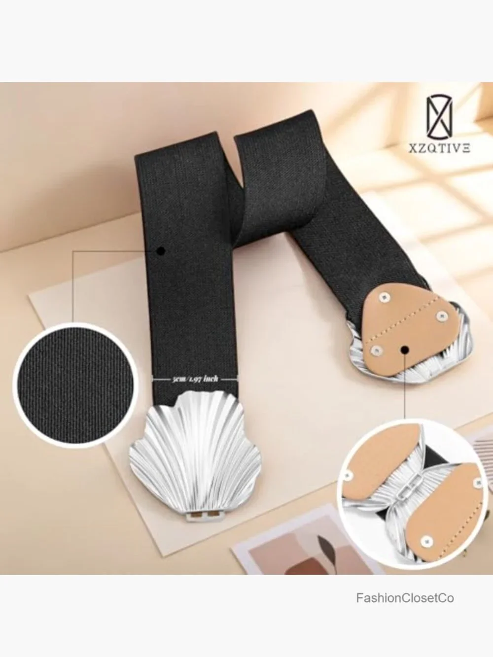 Wide Elastic Belt with Suede and Boho Shell Gold Buckle - Stretchy Fashion